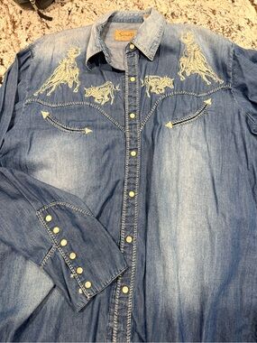 Scully Denim Blue Western Embroidered Button-Down Shirt